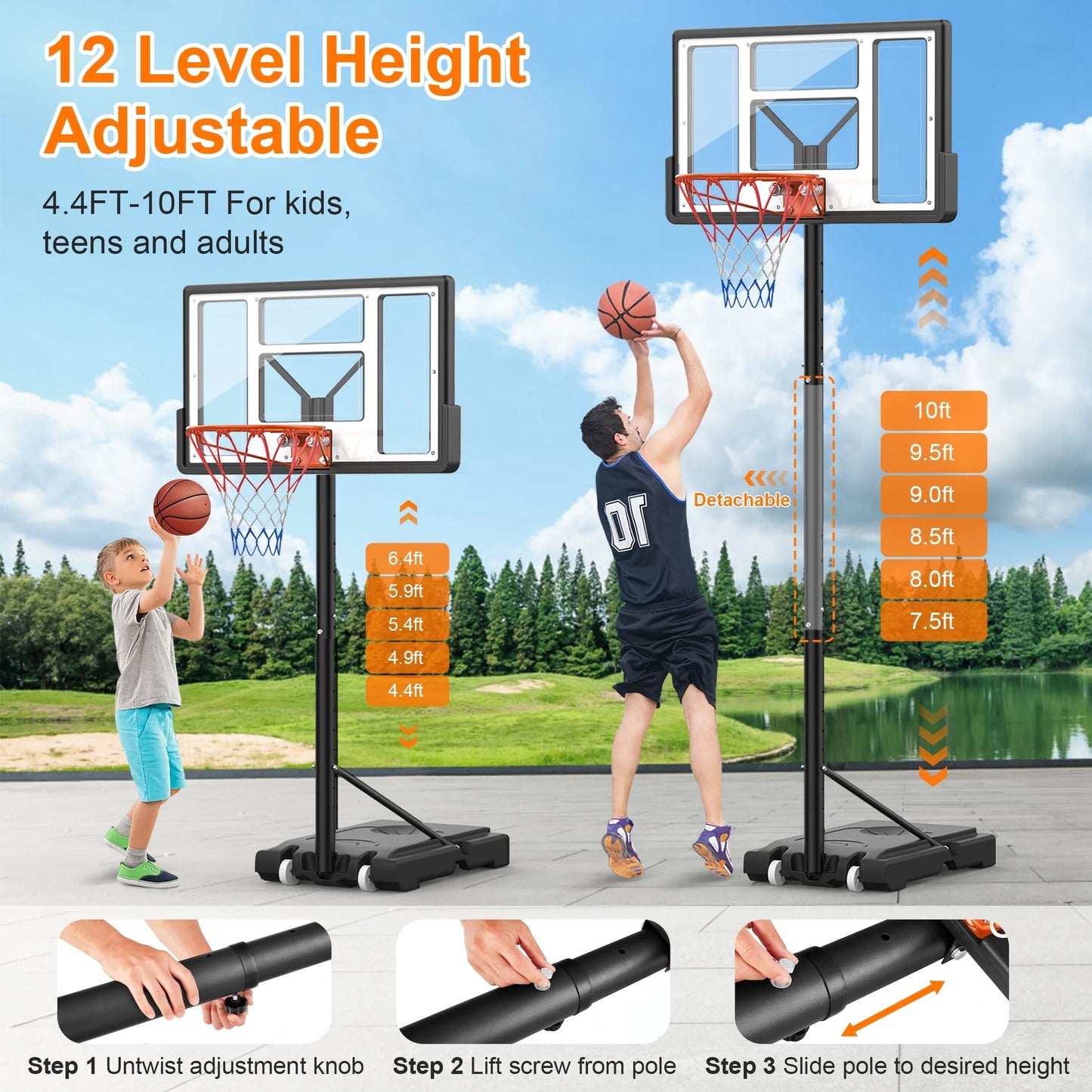 44" Portable Basketball Hoop System, 4.4-10 Ft Height Adjustable Basketball Goal System with Wheels and Shatterproof Backboard and Large Base for Adults Kids Outdoor Indoor Court