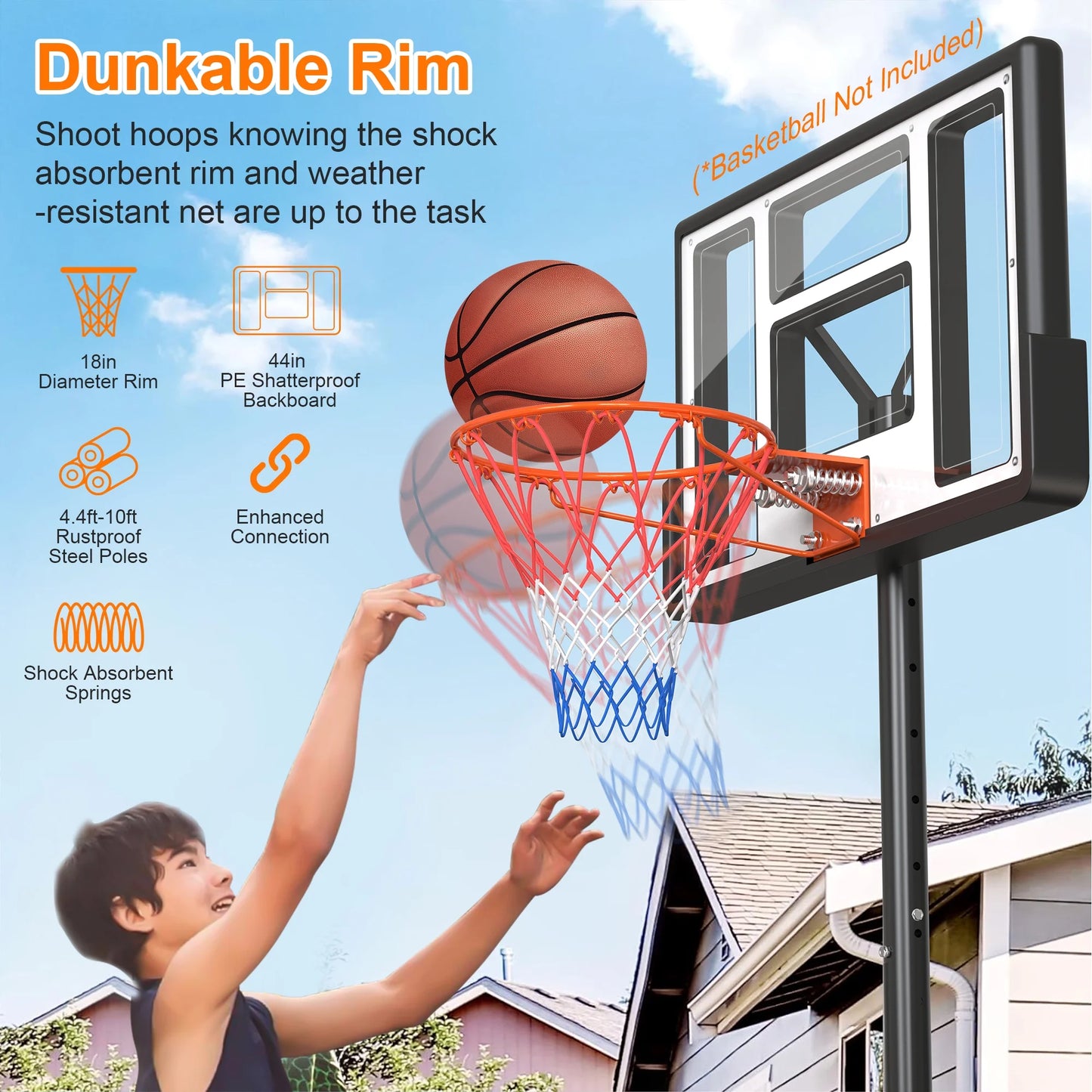 44" Portable Basketball Hoop System, 4.4-10 Ft Height Adjustable Basketball Goal System with Wheels and Shatterproof Backboard and Large Base for Adults Kids Outdoor Indoor Court
